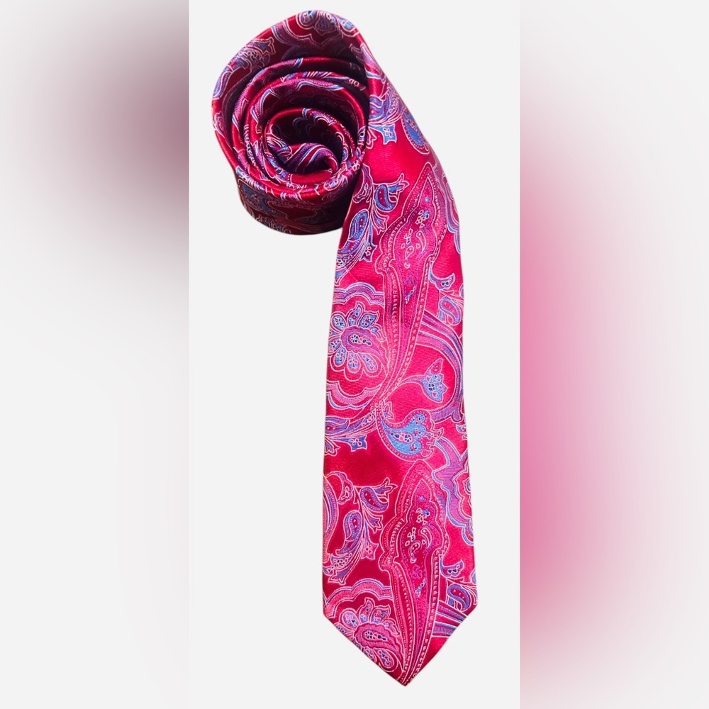 DONALD J TRUMP- Vibrant Paisley Silk Tie -  RED Pink and Blue